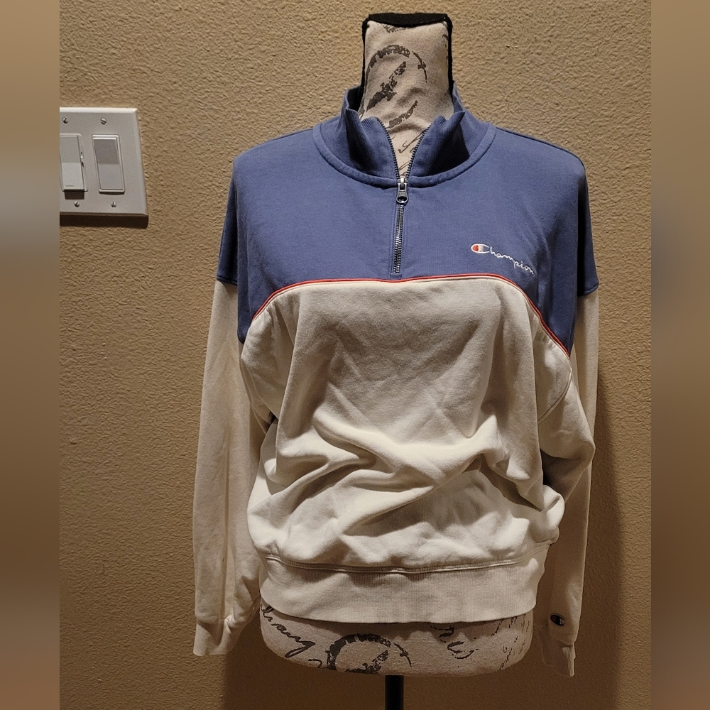 Champion Colorblock Quarter-Zip Pullover — Blue & Cream with Red Trim